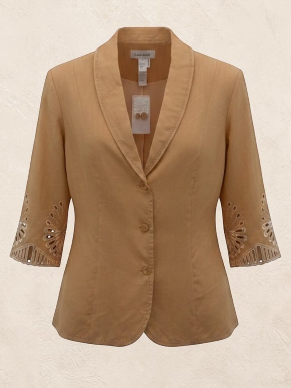 Lino USA Embroidered 100% Linen Button Up Blazer Jacket Tan 1X